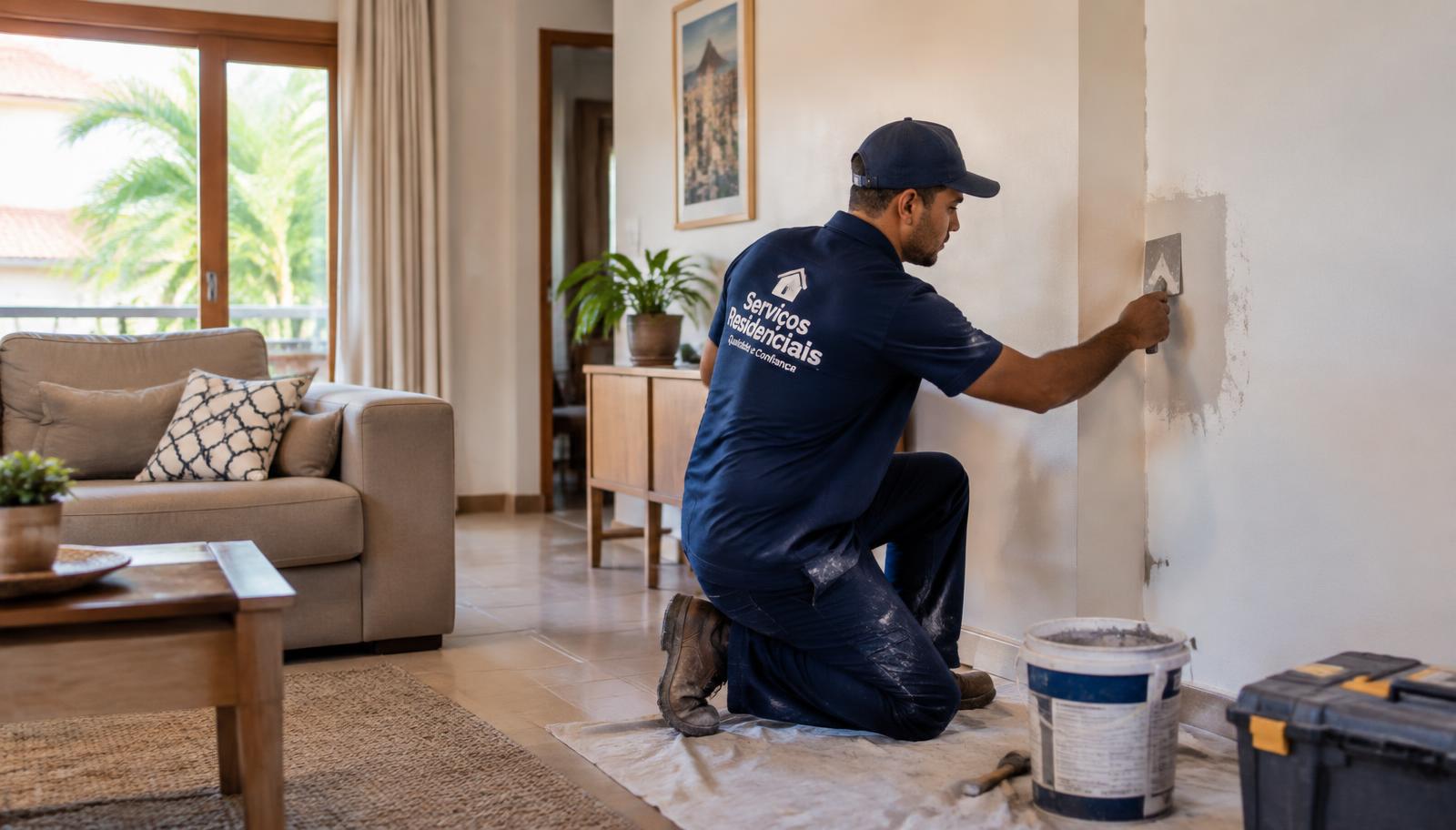 Profissional uniformizado realizando um reparo dentro de uma residência