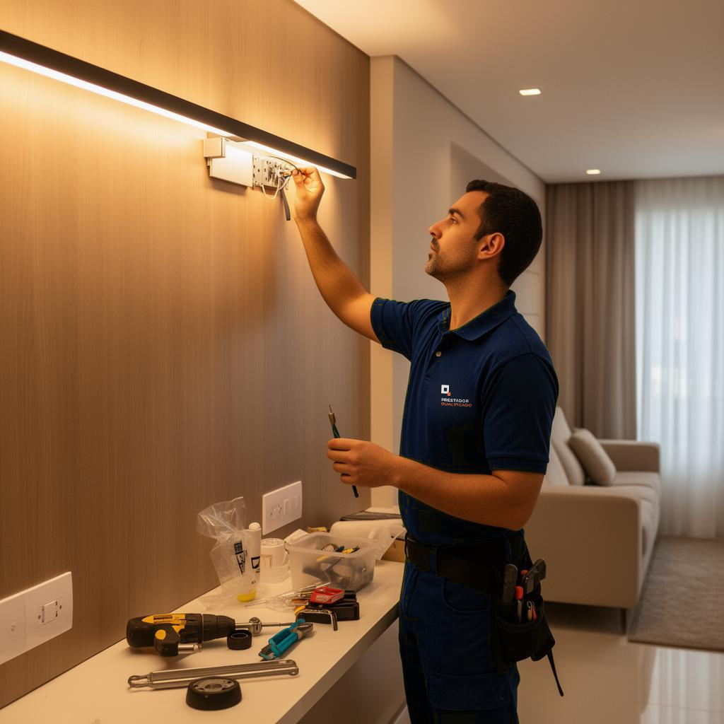Profissional da Prestador Qualificado instalando iluminação em apartamento